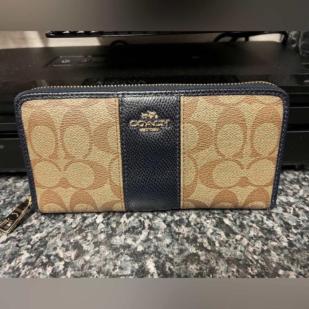Coach Long Zip Around Wallet In Signature Striped Canvas  Brown / Navy
